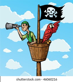 Cartoon Pirate Scout with parrot on the lookout.  Part of a series.