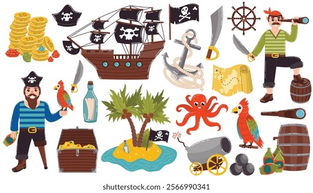 Cartoon pirate set of design elements in flat style. Pirates and ship, anchor and ship's wheel, treasure map and Macaw parrot. 