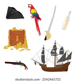 Cartoon pirate set parrot, bottle with treasure map, pirate hat, sailing ship, cutlass and old treasure chest with gold. Sea adventure. Vector illustration