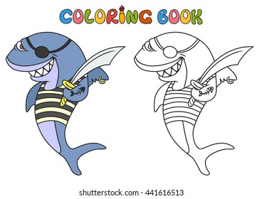 Cartoon pirate shark. coloring book. Vector illustration of cute animal. doodle shark