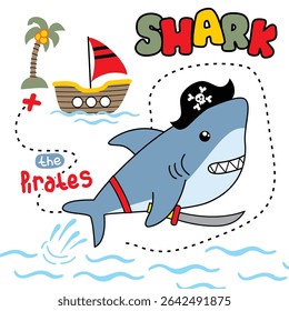 Cartoon pirate shark with sword and hat swimming in sea near ship and palm tree island. Children illustration concept
