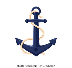 Cartoon pirate ship anchor with rope. Isolated vector formidable nautical armature, heavy corsair boat anchor, relic of the high seas. Vintage massive maritime item, naval object, adventure game asset