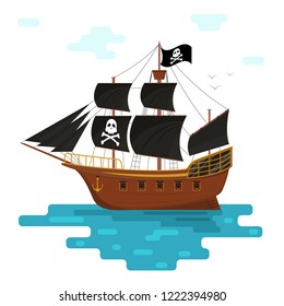 Cartoon Pirate Ship with Black Sails at Sea or Ocean Scene Concept Element Flat Design Style. Vector illustration