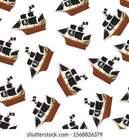 Cartoon Pirate Ship with Black Sails Seamless Pattern Background Concept Element Flat Design Style. Vector illustration