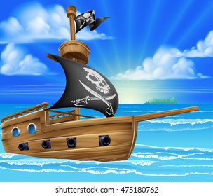 A cartoon pirate ship boat sailing in the ocean with jolly roger skull and crossed bones flag