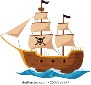 Cartoon pirate ship on the sea