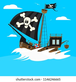 Cartoon pirate ship on a square blue background. Flat vector of a fairy-tale ship.
