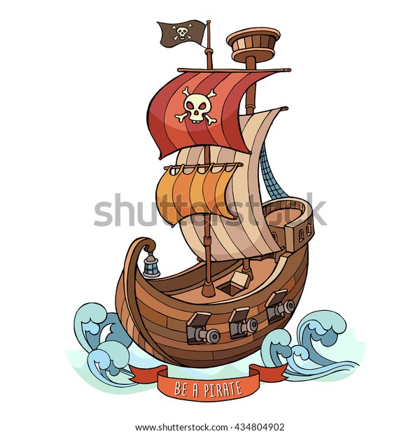 波の上の漫画の海賊船 ベクターイラスト のベクター画像素材 ロイヤリティフリー