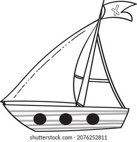 Cartoon Pirate Ship with Sail for Coloring Vector Illustration, Black and White