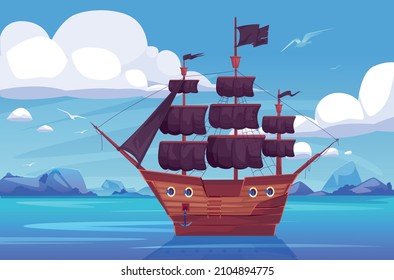 Cartoon Piratenschiff auf See segeln. Meereslandschaft mit Korsair-Schlachtschiff. Abenteuer und Märchen