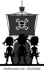 Cartoon Pirate and Ship in Silhouette
