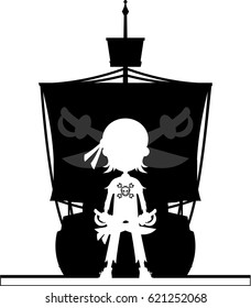 Cartoon Pirate and Ship in Silhouette
