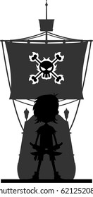 Cartoon Pirate and Ship in Silhouette