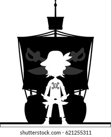 Cartoon Pirate and Ship in Silhouette