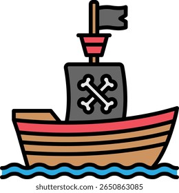 Cartoon Pirate Ship with Skull and Crossbones on Sail