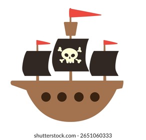 Cartoon pirate ship with skull and crossbones on black sails. Clipart image isolated on background.