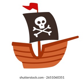 Cartoon pirata navio com crânio e ossos cruzados bandeira. Imagem de clipart isolada no plano de fundo.