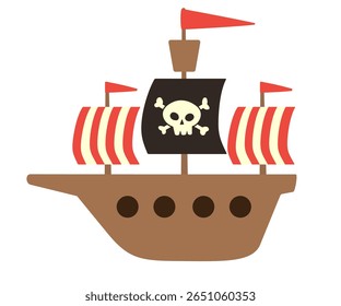 Cartoon pirate ship with skull and crossbones flag and red striped sails. Clipart image isolated on background.
