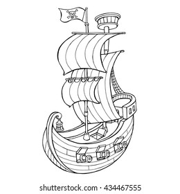 Cartoon Pirate Ship. Vector black and white illustration.