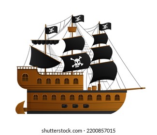 Cartoon pirate ship. Wooden corsair caravel sailing under black sails with skull and crossbones flag dangerous schooner to capture vector ships.
