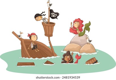 Cartoon pirate ship wrecked. Castaway pirates and mermaids.