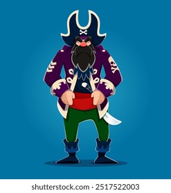 Cartoon pirate or shipman skipper character with beard in tricorne hat, vector angry corsair. Old pirate skipper or boatswain corsair and filibuster man in captain with crossbones and saber swords