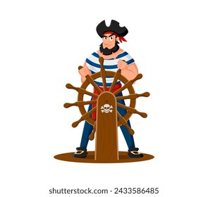 Cartoon pirate skeeper character at the helm. Isolated vector whimsical captain wearing tricorn hat, striped vest and a mischievous smile, steering the ship through nautical swashbuckling adventures