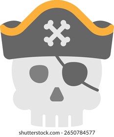 Um crânio pirata de desenho animado com um tapa-olho e chapéu, isolado no branco, evoca um senso de aventura