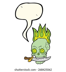 cartoon pirate skull with knife in teeth with speech bubble