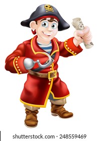 A cartoon pirate smiling with a hook and holding a scroll treasure map