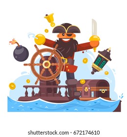 Cartoon pirate with sword and hook on ship. Flat vector illustration