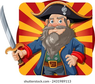 Cartoon pirate with sword on colorful background