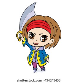 Cartoon Pirate with a sword in style Chibi-Art. Vector illustration.