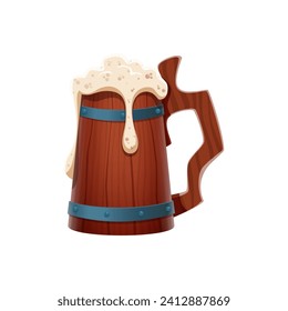 Cartoon pirate tankard, carved from wood, brims with foamy ale, its sides adorned with curve handle and metal loops. Isolated vector rugged mug telling nautical tales of high seas and daring adventure