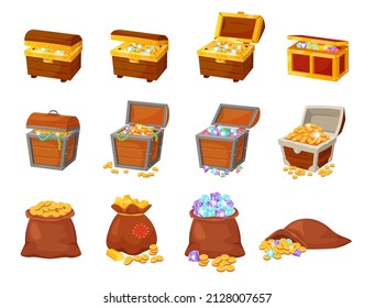 Cartoon pirate treasure chests, bags with gold and jewels. Open wooden chest with ancient treasures, bag with golden coins and gems vector set. Illustration of chest with treasure money