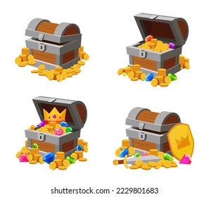 Cartoon pirate treasure with golden coins and jewelry. Vector of pirate, gold, treasure in chest, illustration of open old ancient wooden box illustration
