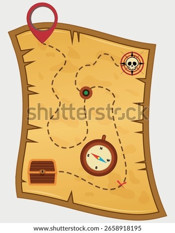 Cartoon Pirate Treasure Map with Compass and Chest