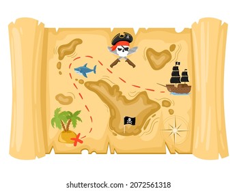 Cartoon pirate treasure map, old ancient papyrus scroll. Papyrus parchment old pirate adventure treasure map vector illustration. Antique papyrus treasure map. Old map ancient pirate