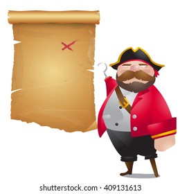 Cartoon pirate with treasure old map