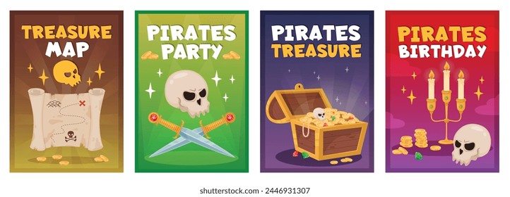 Cartoon pirate treasure posters. Sea robbers accessories. Wooden chests with gold coins and gems. Corsairs old map. Swords and candlesticks. Piracy party invitation