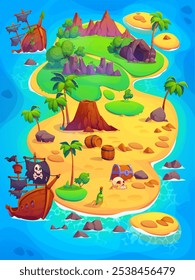 Mapa de la isla de los tesoros piratas de dibujos animados para niños juego de arcade, fondo de Vector. Aventura caribeña y mapa de la isla pirata con cofre del tesoro y barco hundido, cráneo y cueva con barriles de ron en el océano