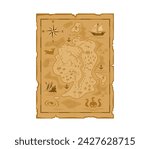 Cartoon pirate treasures map. Vector worn fantasy vintage parchment with sea, land, Caribbean islands, monster, compass wind rose and sail ships. Isolated old, antique, medieval paper adventure map