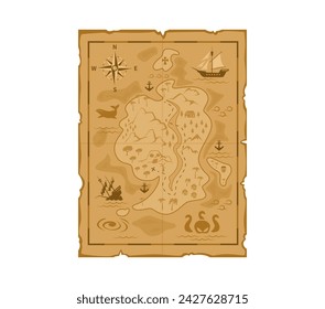 In: Cartoon Pirate Treasures Map. Vektor getragen Fantasy Vintage Pergament mit Meer, Land, Karibik Inseln, Monster, Kompass Wind Rose und Segelschiffe. Isolierte alte, antike, mittelalterliche Papier-Abenteuerkarte