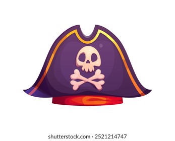 Cartoon pirate tricorn cocked hat. Vector corsair, captain, seafarer headdress with jolly roger skull and crossbones. Isolated buccaneer headgear, filibuster costume, sailor cap with red headband