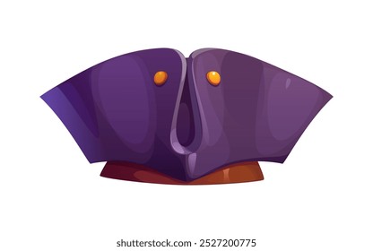 Cartoon pirate tricorn cocked hat featuring exaggerated broad sides and two golden buttons on its brim. Isolated vector classic, deep purple filibuster captain headwear. Game asset, photo booth props