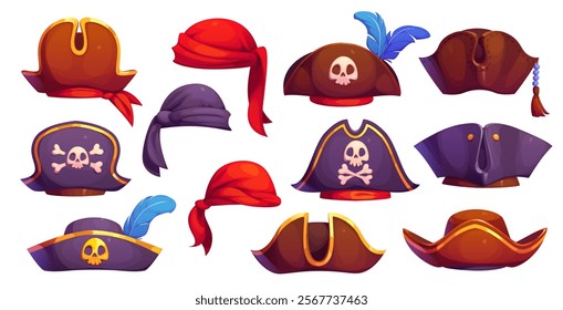 Cartoon pirate tricorn cocked hats and corsair bandanas of Caribbean sailors, vector icons. Pirate hats of boatswain corsair tricorne hat with Jolly Roger skull crossbones and skipper bandana kerchief