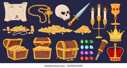 Cartoon pirate trophies. Treasure in wooden chests. Golden coins. Human skull. Antique sword and spyglass. Jewel crown. Medieval box. Gemstones heap. Fabulous wealth