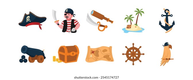 Conjunto de vetor pirata do desenho animado com mapa do tesouro e papagaio pirata