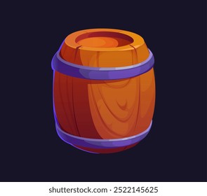 Cartoon pirate wooden barrel. Vector rustic, cylindrical wood cask, bound by metal hoops, used for storing rum, gunpowder, gold, beer, wine or provision. Isolated game asset, pub or bar brewery item