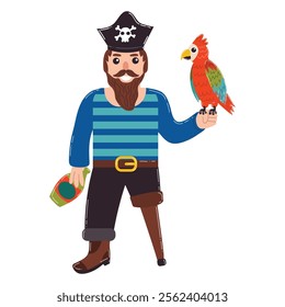 Cartoon pirate with wooden leg, Macaw parrot and bottle of rum in flat style. Cartoon character.